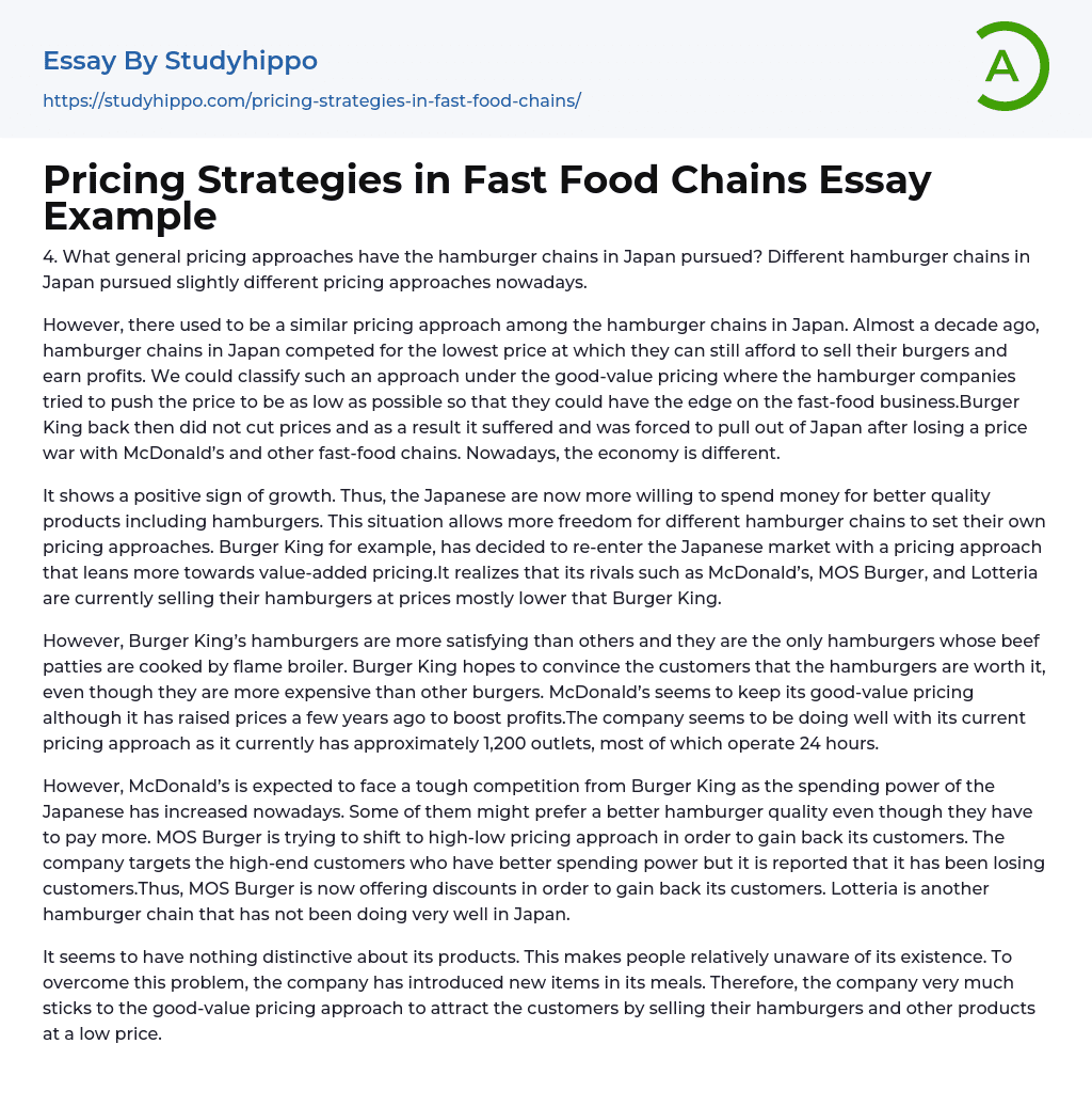 Pricing Strategies in Fast Food Chains Essay Example