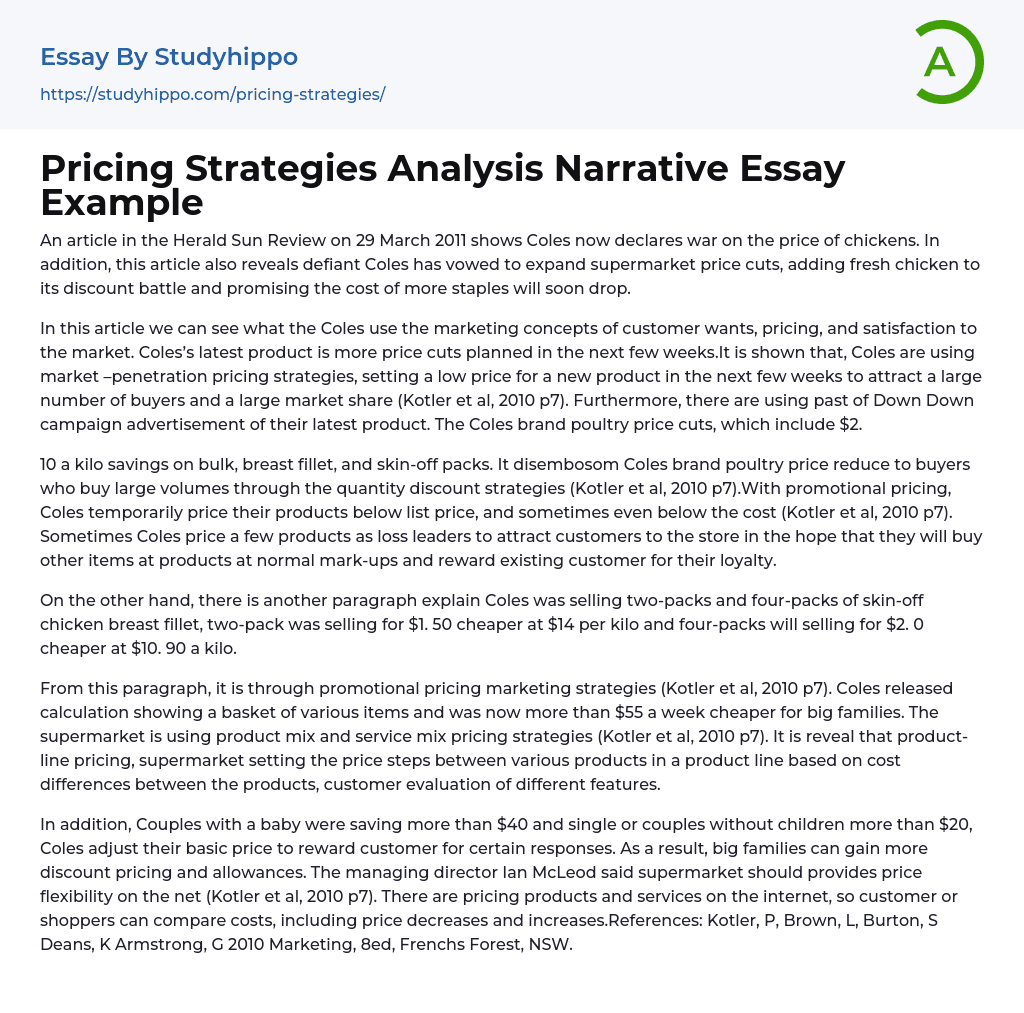 Pricing Strategies Analysis Narrative Essay Example