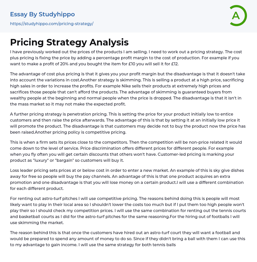 Pricing Strategy Analysis Essay Example