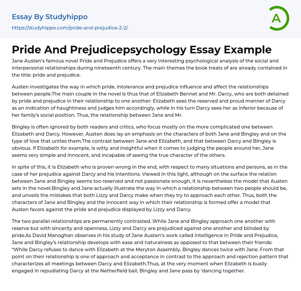 Pride And Prejudicepsychology Essay Example