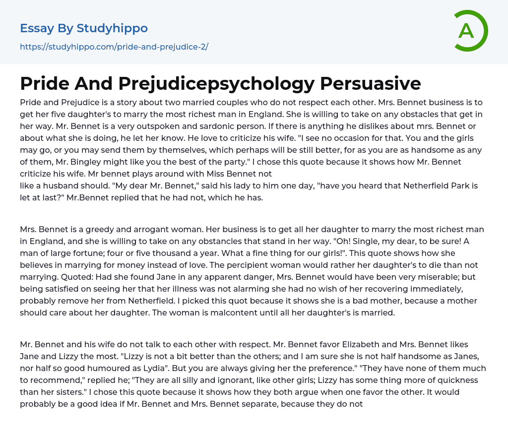 Pride And Prejudicepsychology Persuasive Essay Example