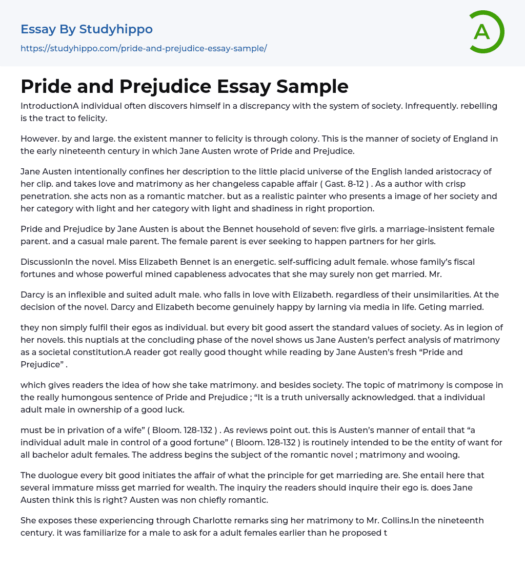 pride and prejudice sample essay