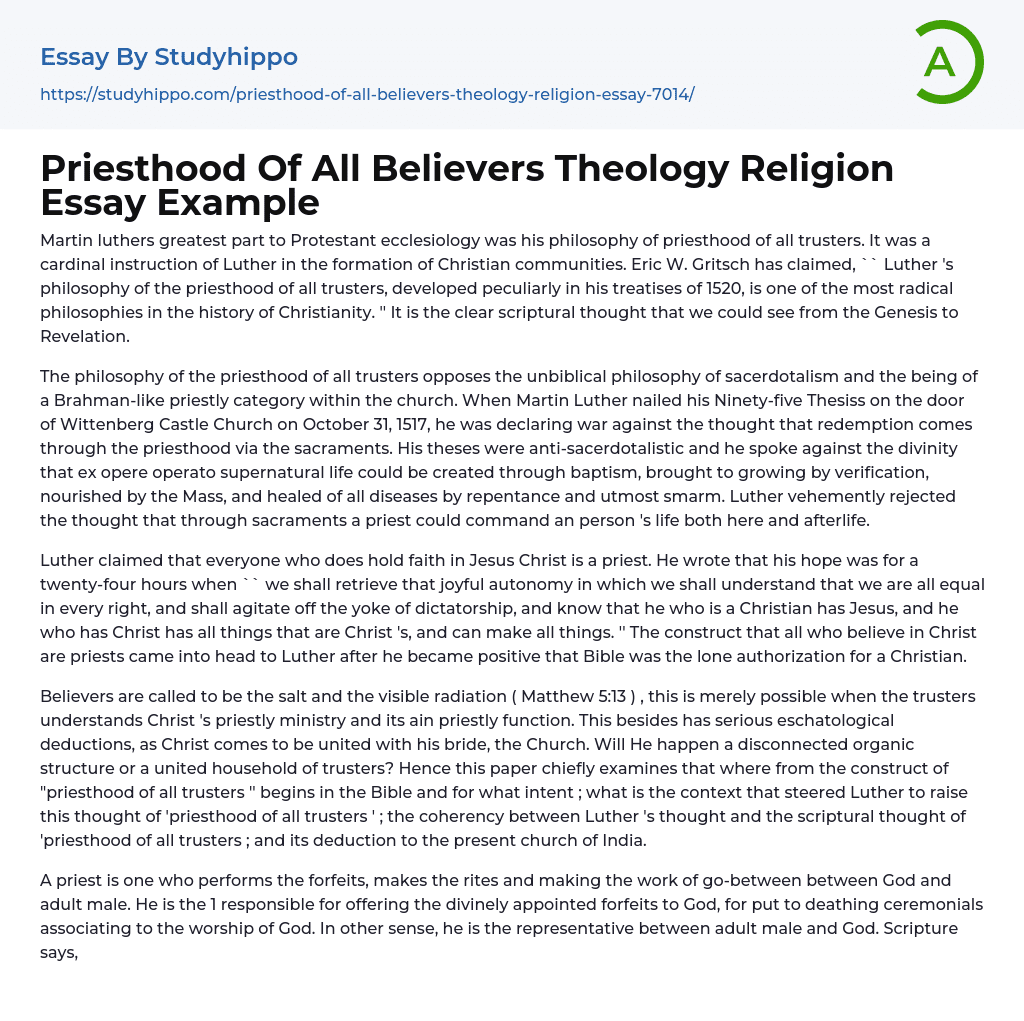 Priesthood Of All Believers Theology Religion Essay Example
