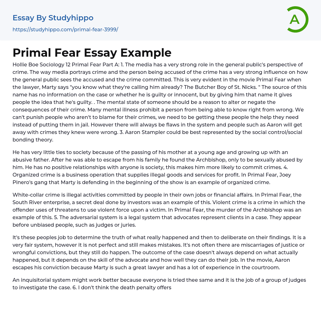 Primal Fear Essay Example