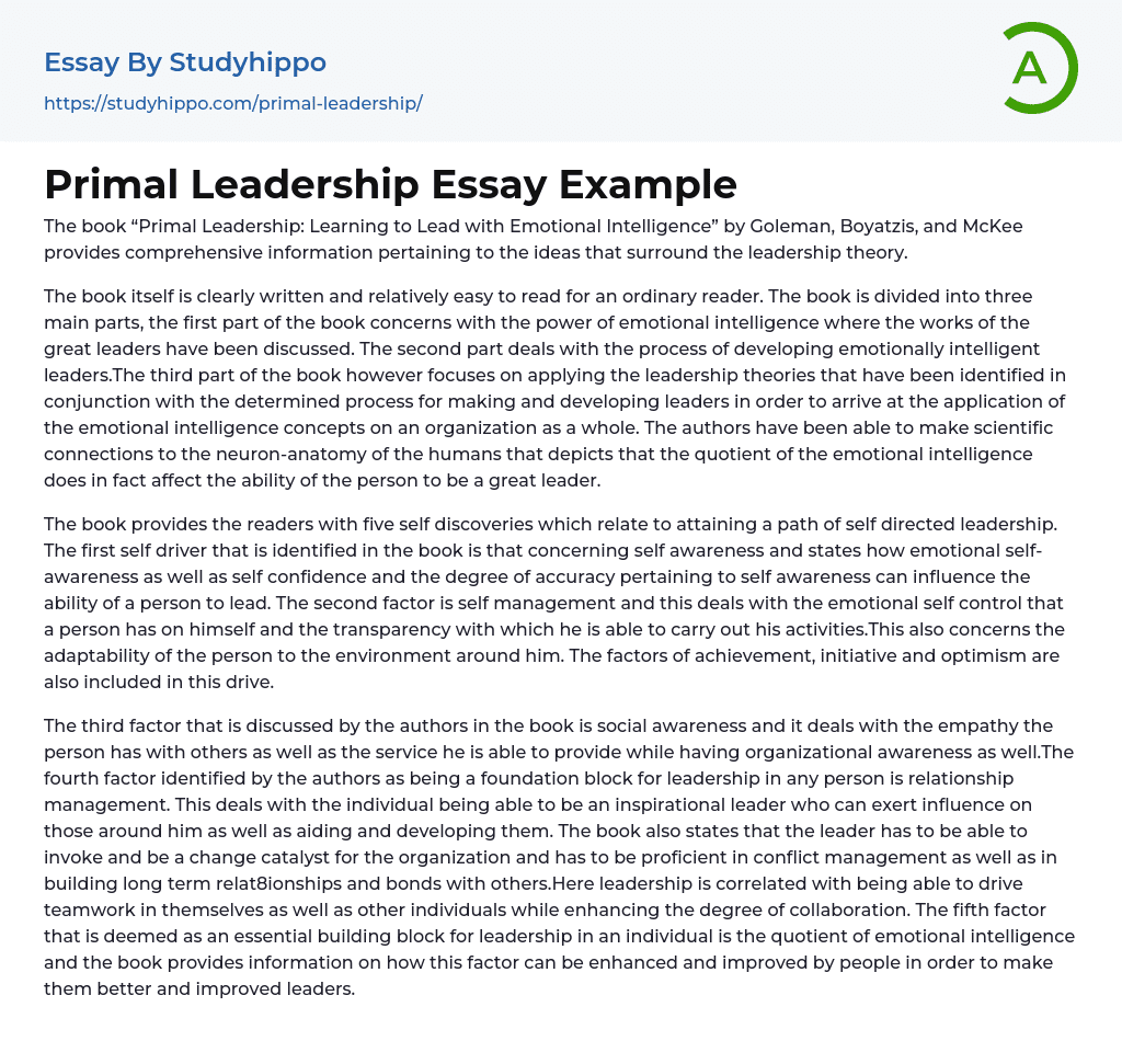 Primal Leadership Essay Example