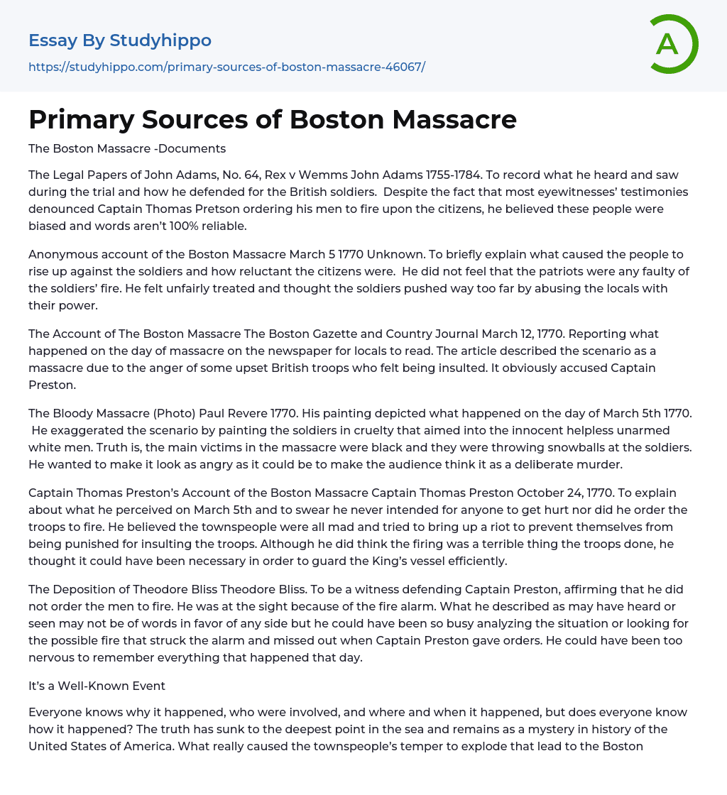 Primary Sources of Boston Massacre Essay Example