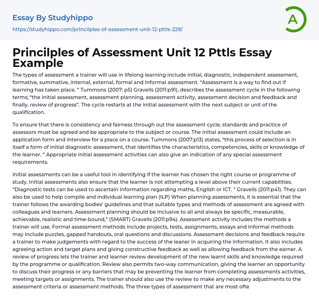 Princilples of Assessment Unit 12 Pttls Essay Example