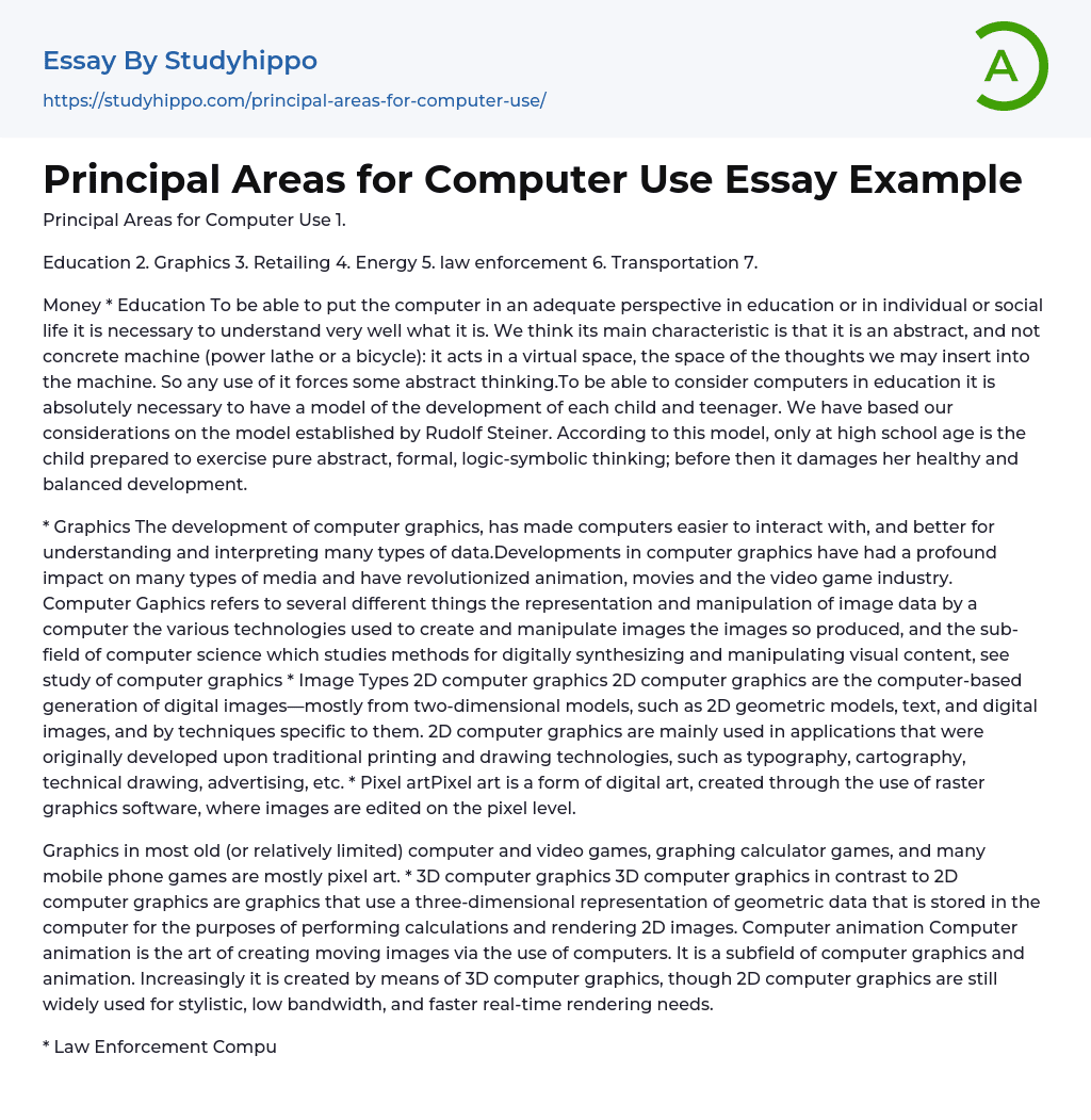 Principal Areas for Computer Use Essay Example