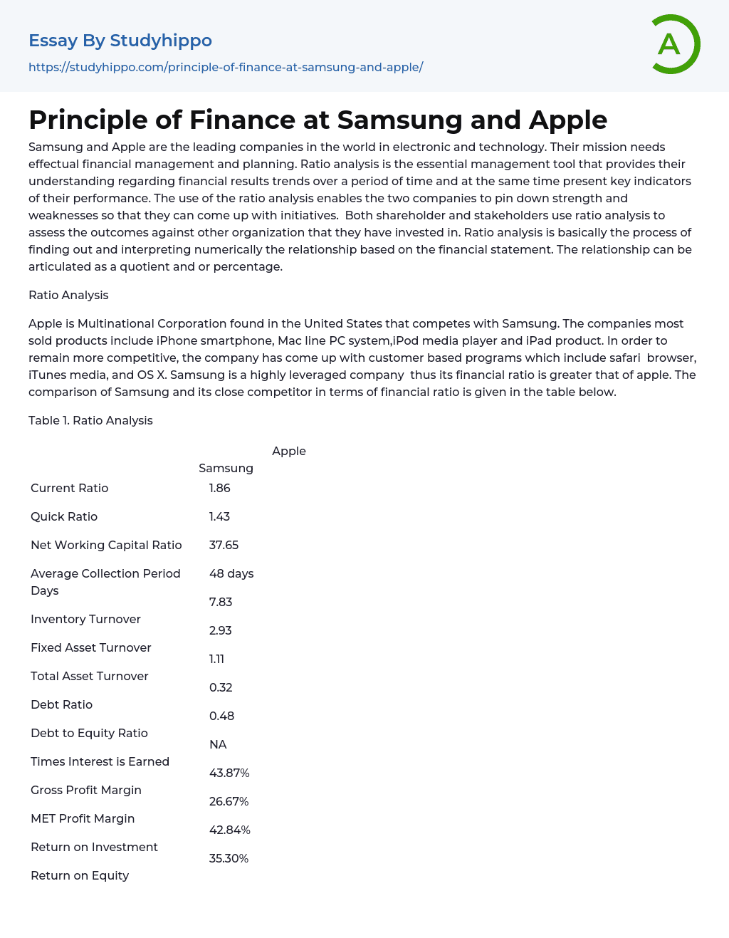 Principle of Finance at Samsung and Apple Essay Example