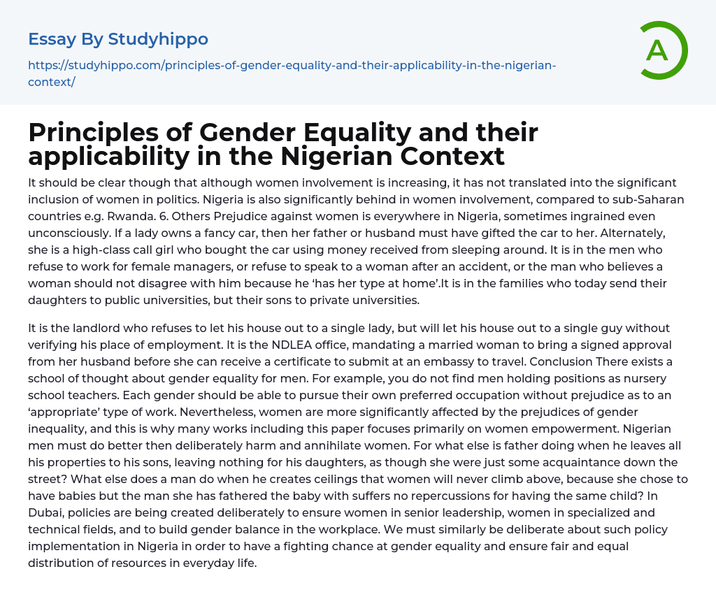 Principles of Gender Equality and their applicability in the Nigerian Context Essay Example