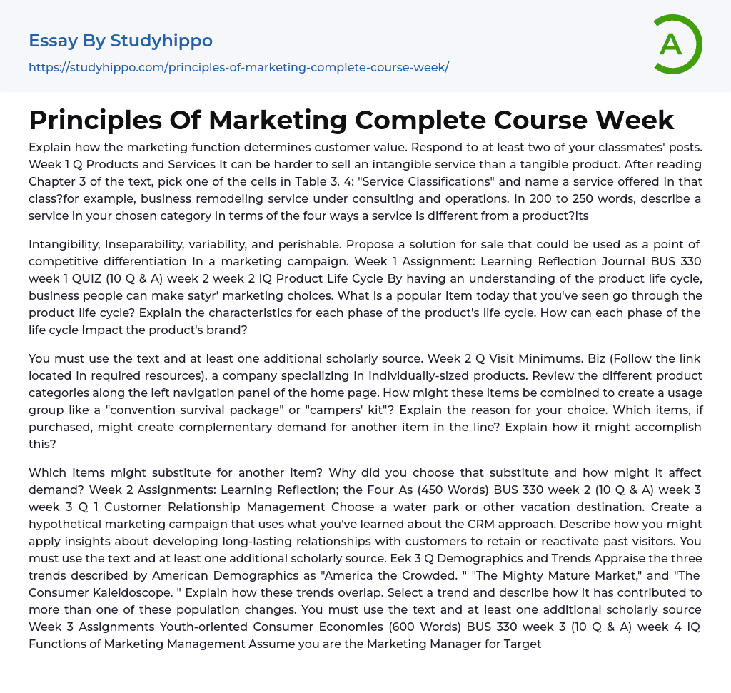 Principles Of Marketing Complete Course Week Essay Example
