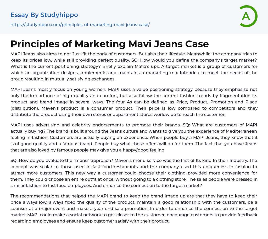 Principles of Marketing Mavi Jeans Case Essay Example