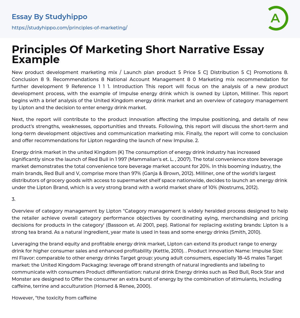 Principles Of Marketing Short Narrative Essay Example