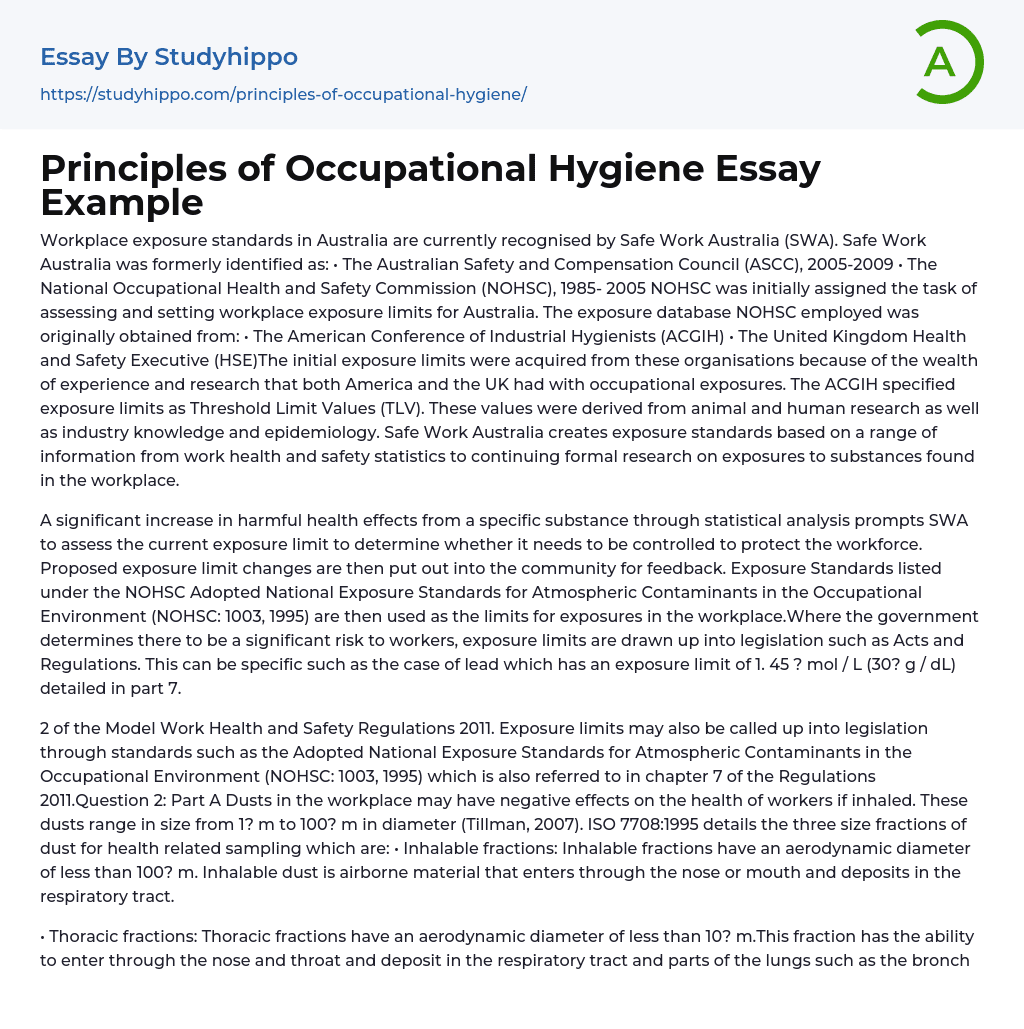 Principles of Occupational Hygiene Essay Example