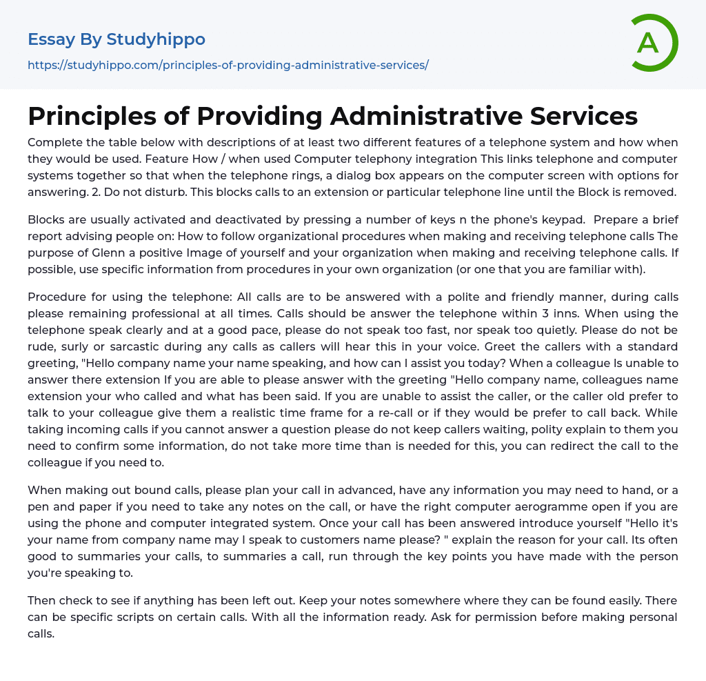 Principles of Providing Administrative Services Essay Example