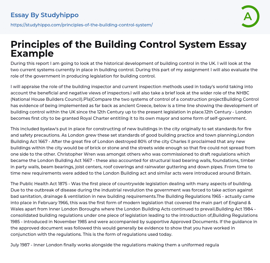 Principles of the Building Control System Essay Example