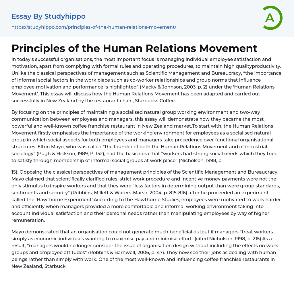 Principles of the Human Relations Movement Essay Example