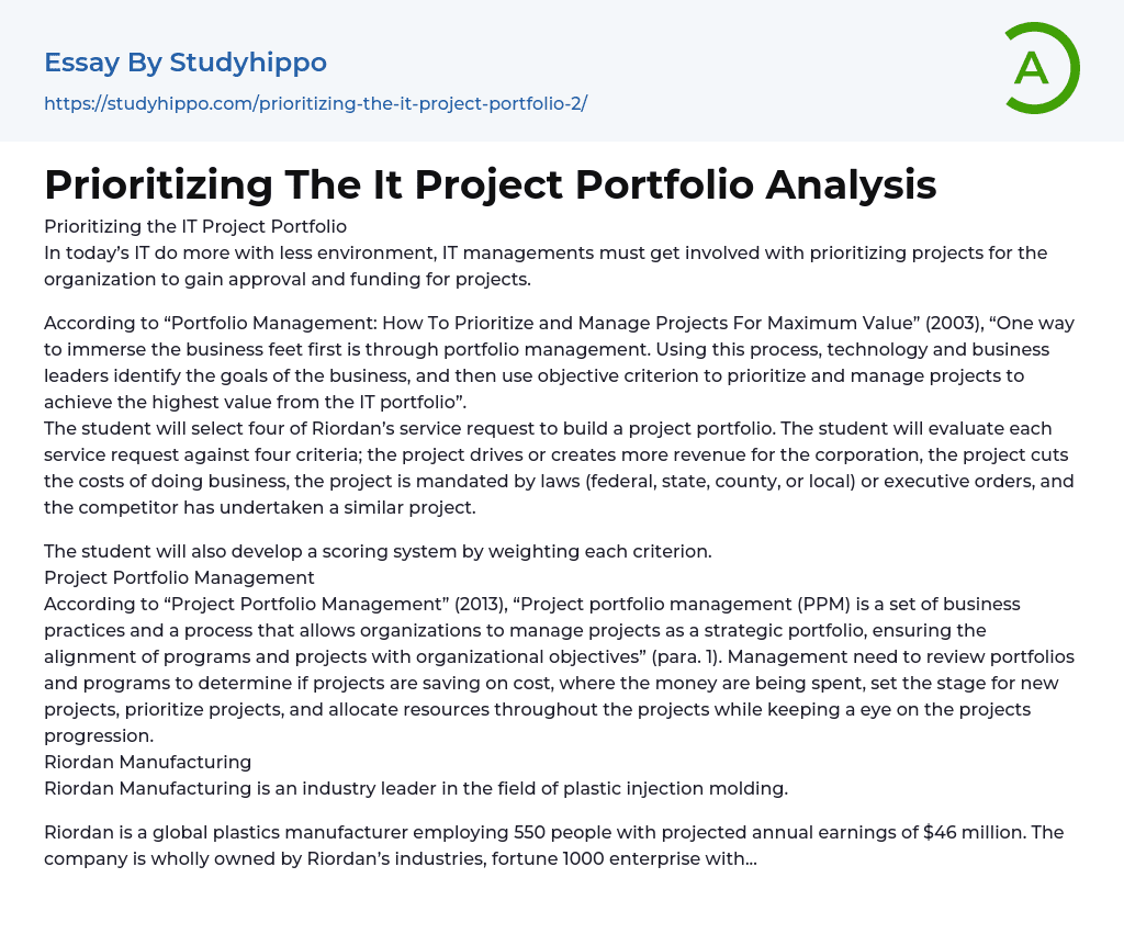 Prioritizing The It Project Portfolio Analysis Essay Example