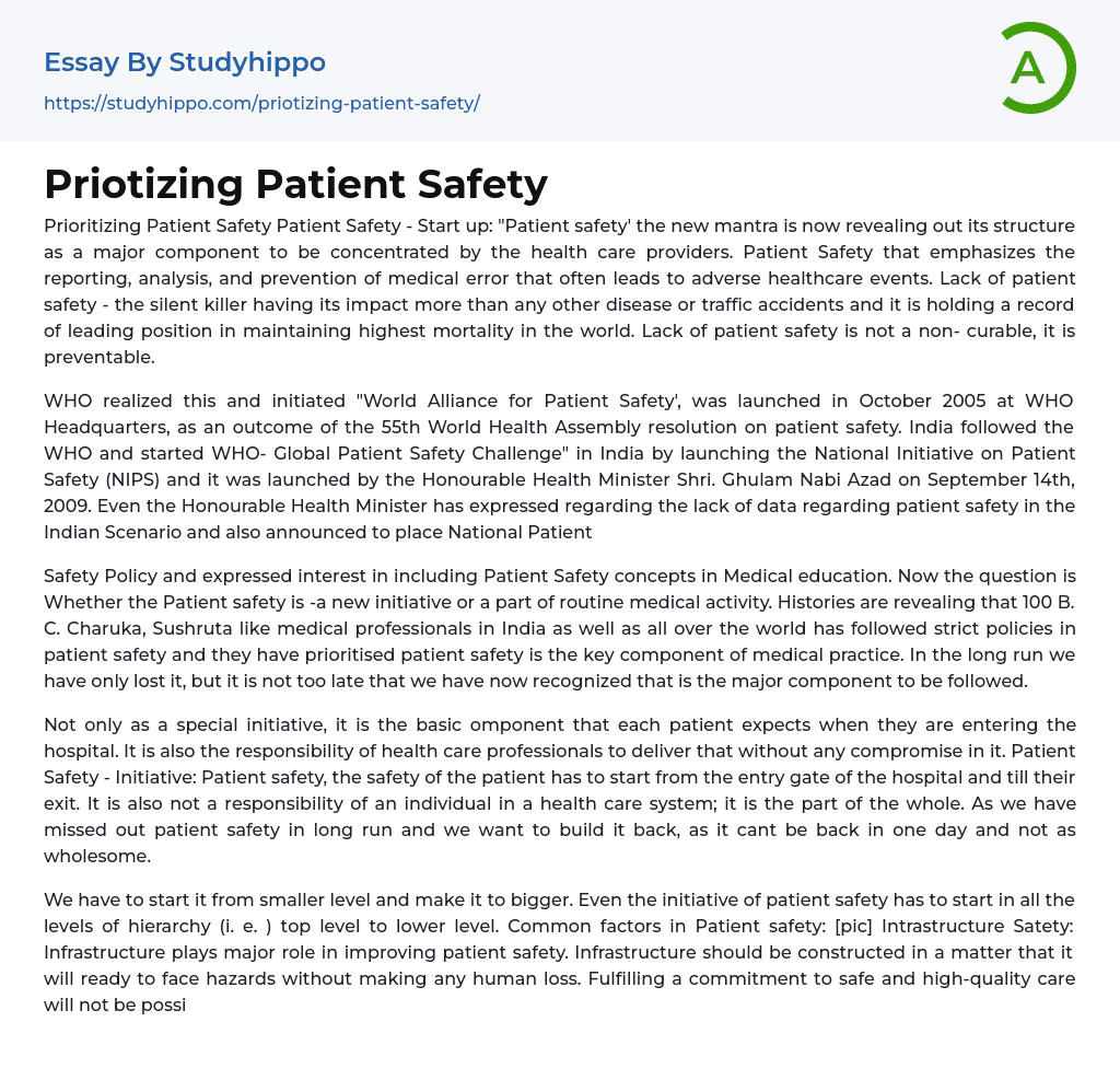 Priotizing Patient Safety Essay Example
