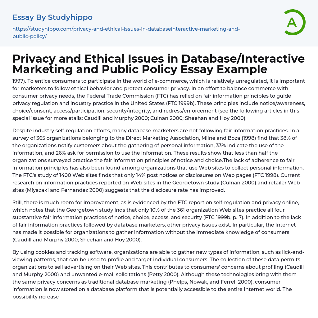 Privacy and Ethical Issues in Database/Interactive Marketing and Public Policy Essay Example