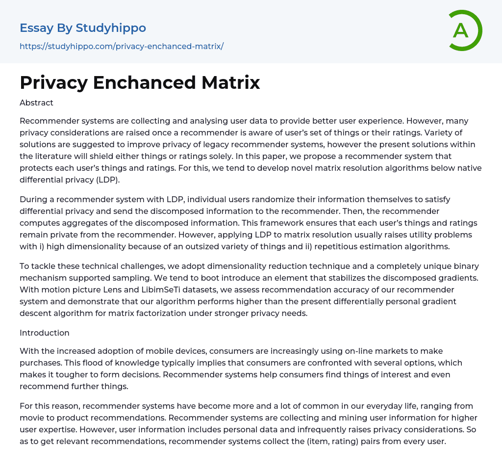 Privacy Enchanced Matrix Essay Example