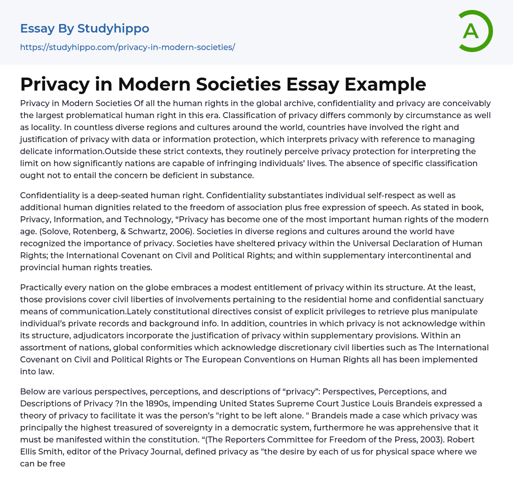 Privacy in Modern Societies Essay Example
