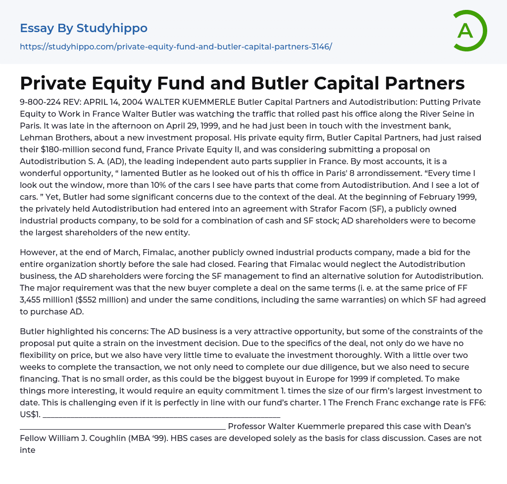 Private Equity Fund and Butler Capital Partners Essay Example