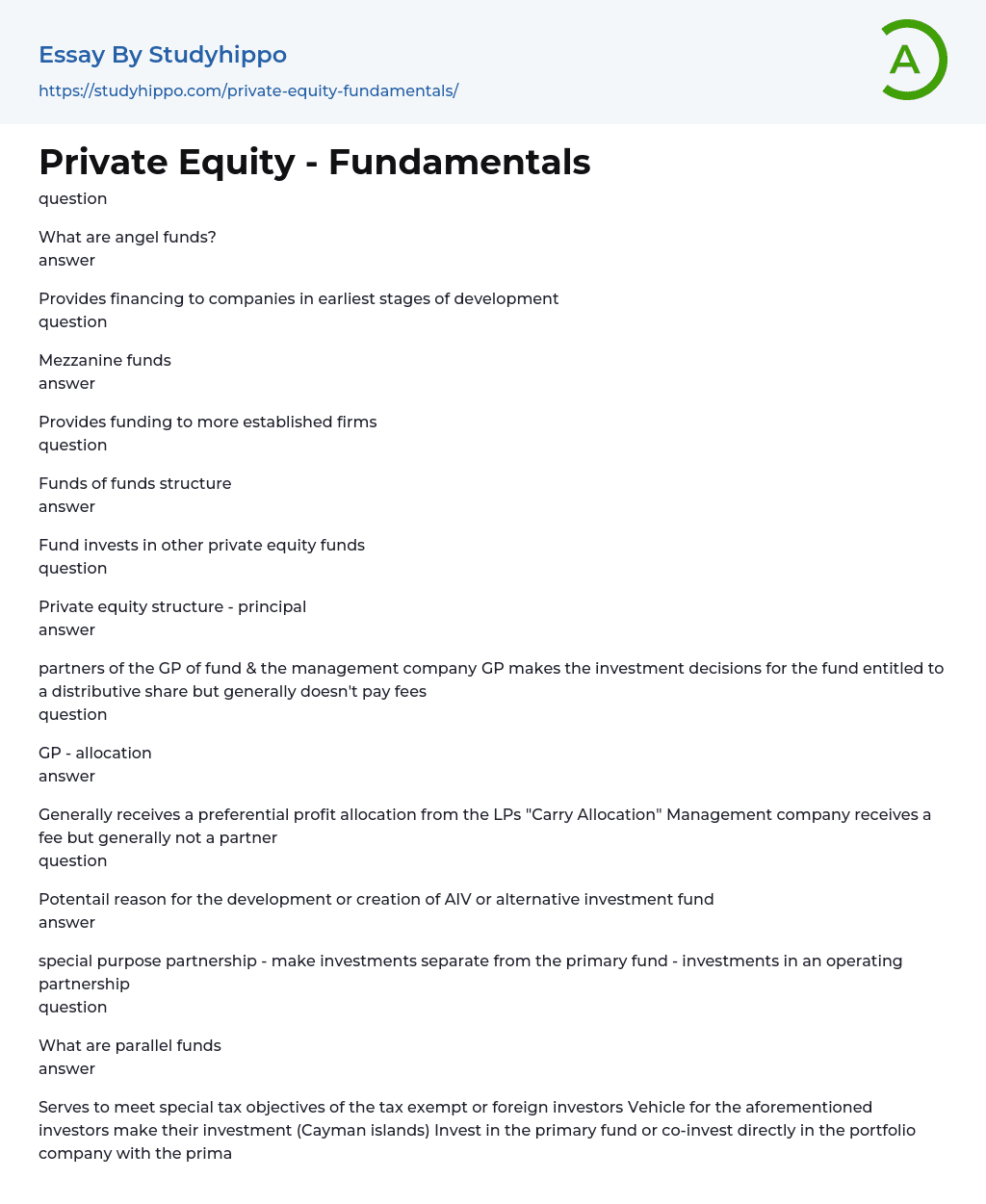 Private Equity – Fundamentals Essay Example