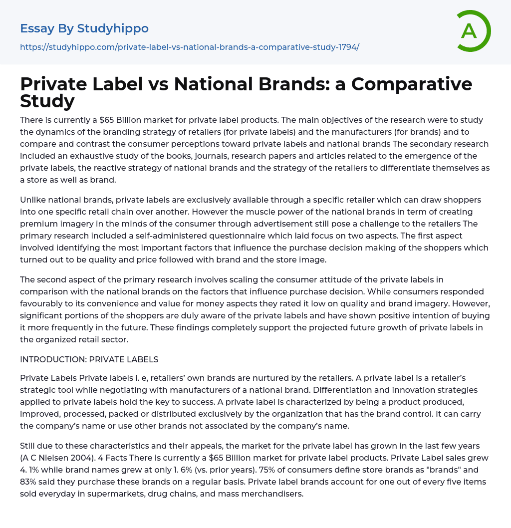 Private Label vs National Brands: a Comparative Study Essay Example