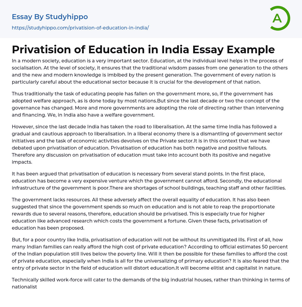 Privatision of Education in India Essay Example