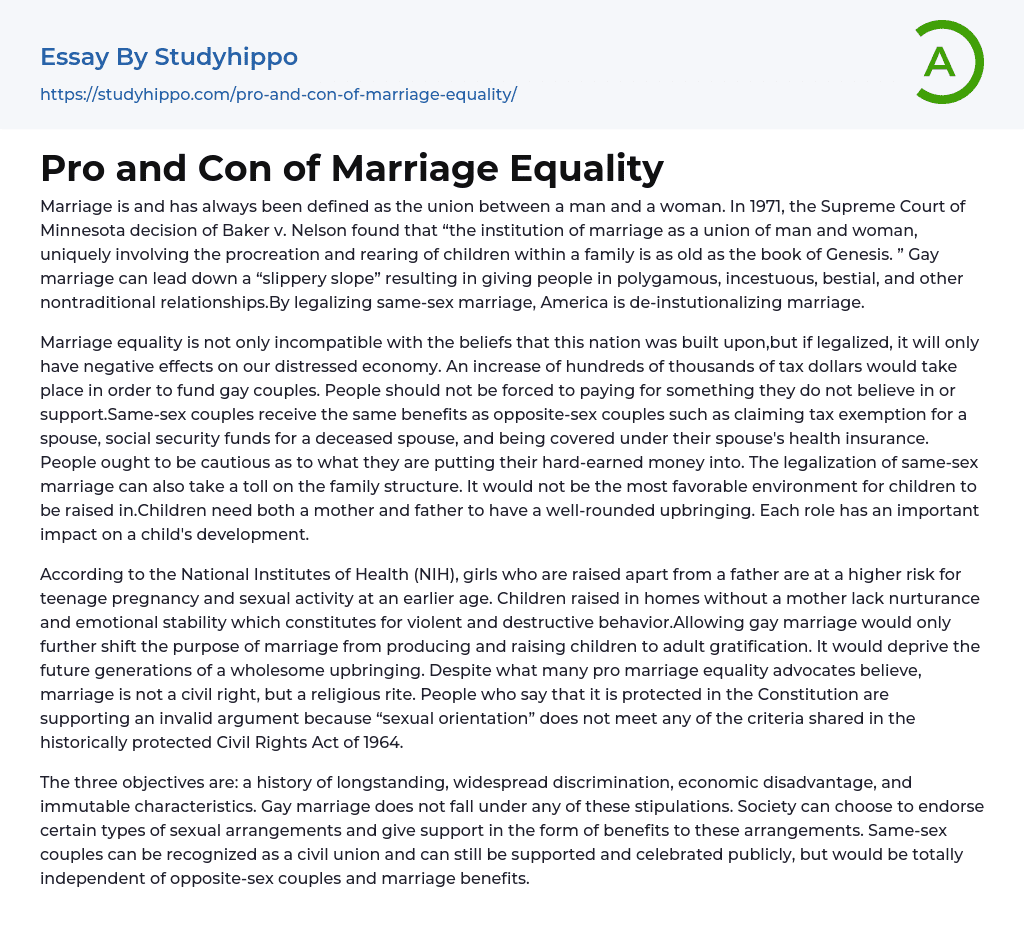 Pro and Con of Marriage Equality Essay Example