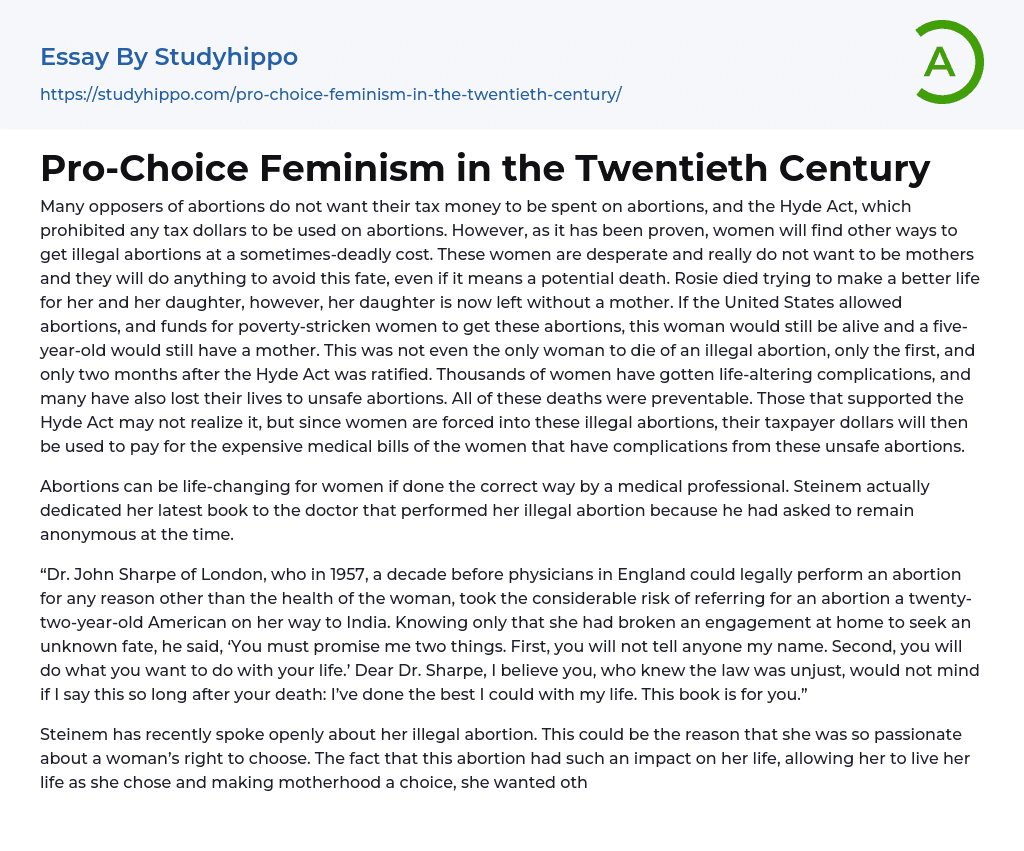 Pro-Choice Feminism in the Twentieth Century Essay Example
