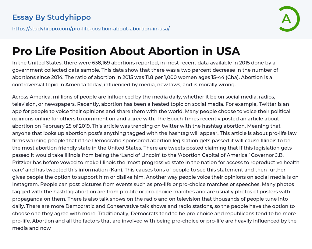 Pro Life Position About Abortion in USA Essay Example