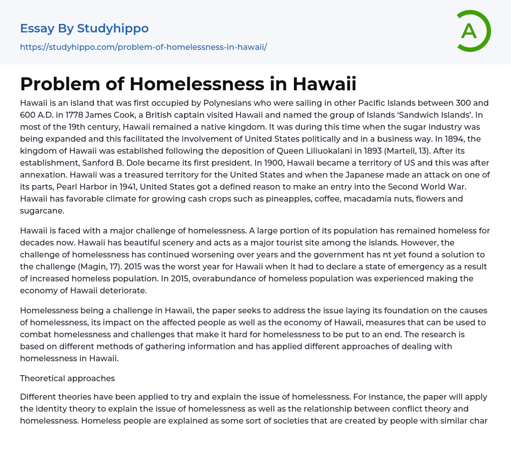 Problem of Homelessness in Hawaii Essay Example