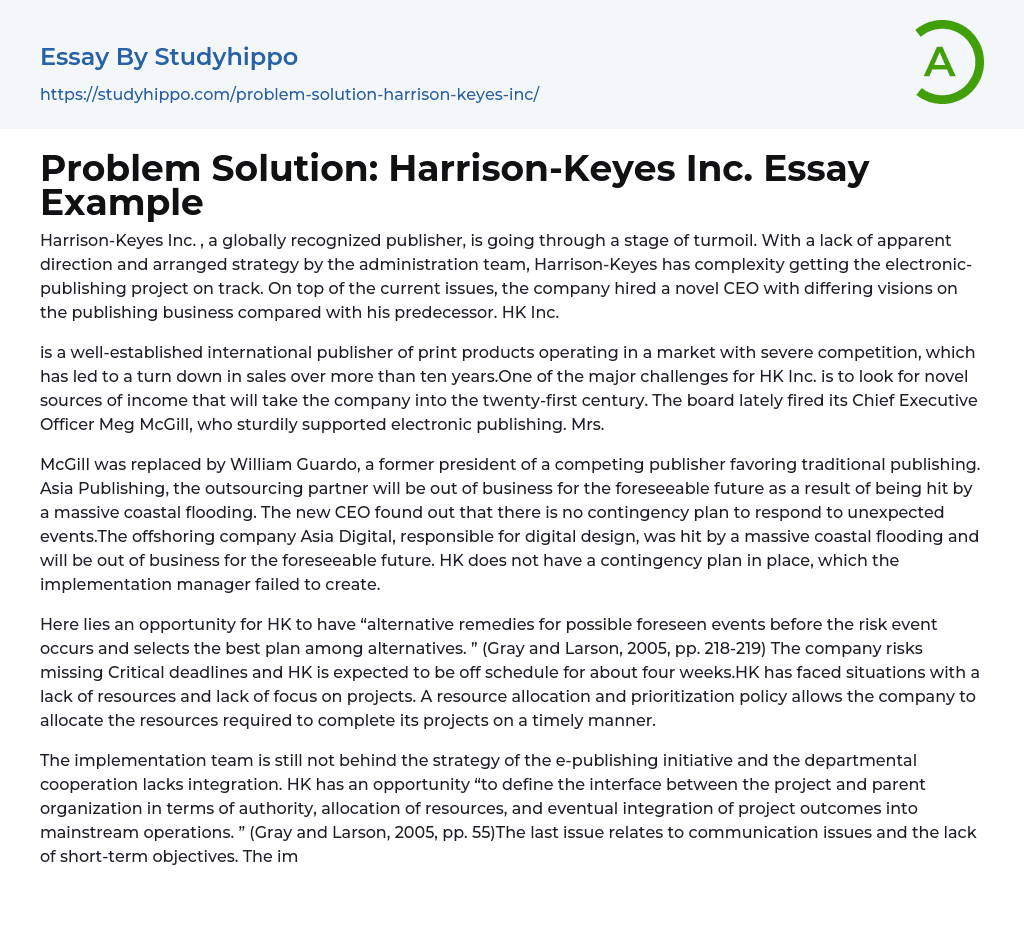 Problem Solution: Harrison-Keyes Inc. Essay Example