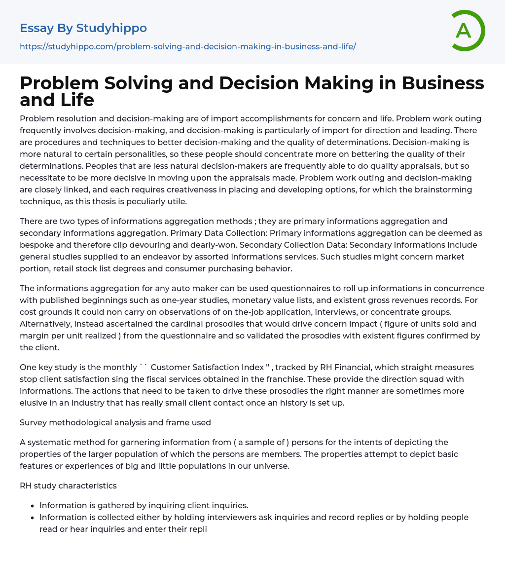 Problem Solving and Decision Making in Business and Life Essay Example