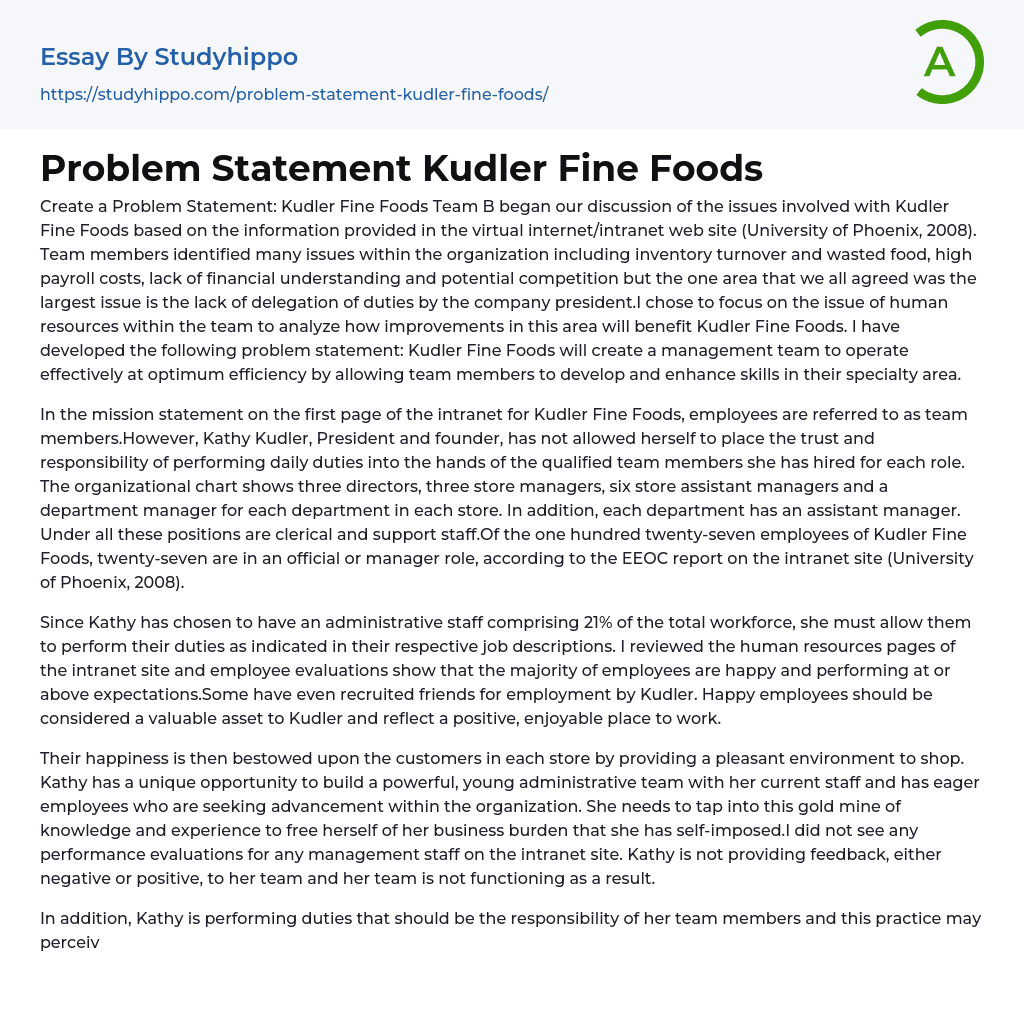 Problem Statement Kudler Fine Foods Essay Example