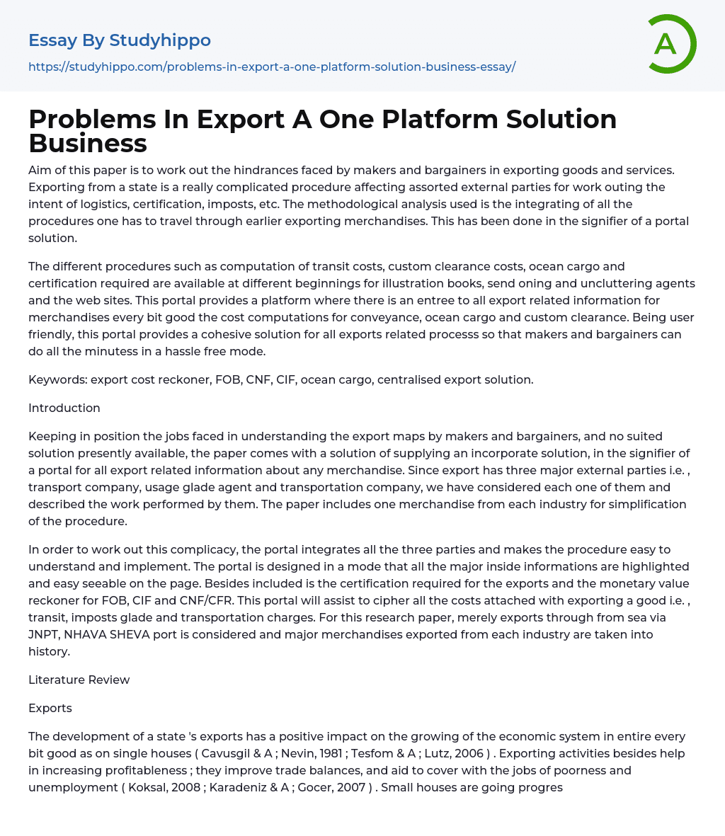 Problems In Export A One Platform Solution Business Essay Example