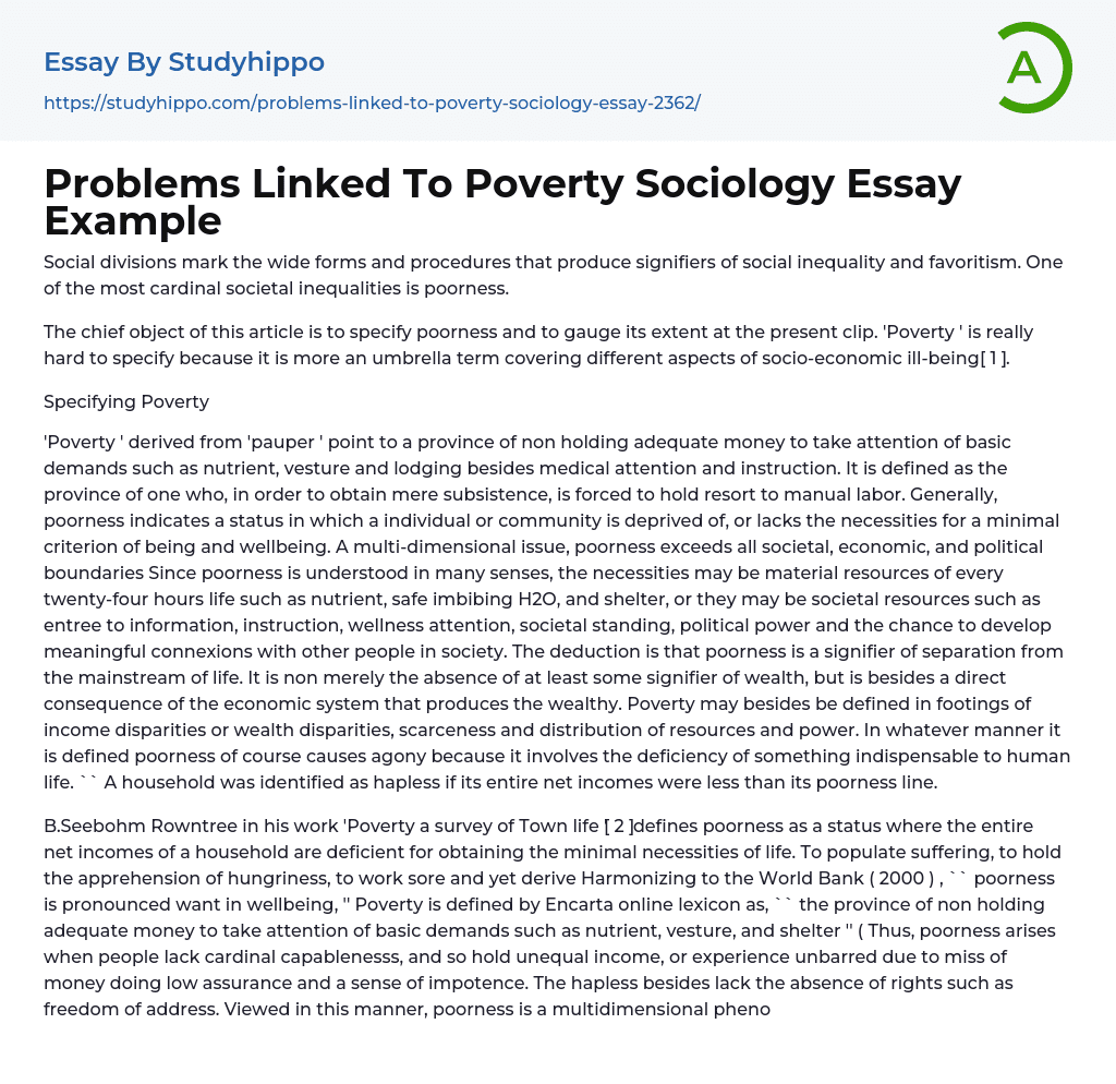 Problems Linked To Poverty Sociology Essay Example