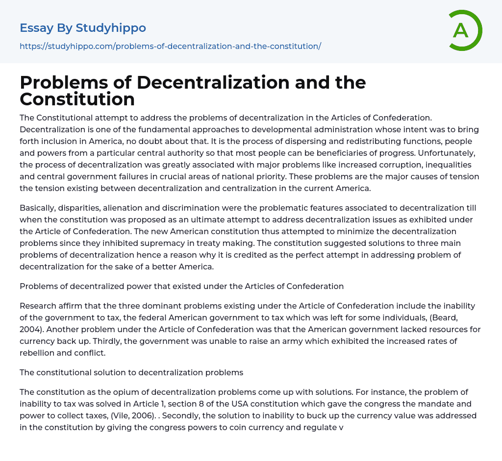 Problems of Decentralization and the Constitution Essay Example