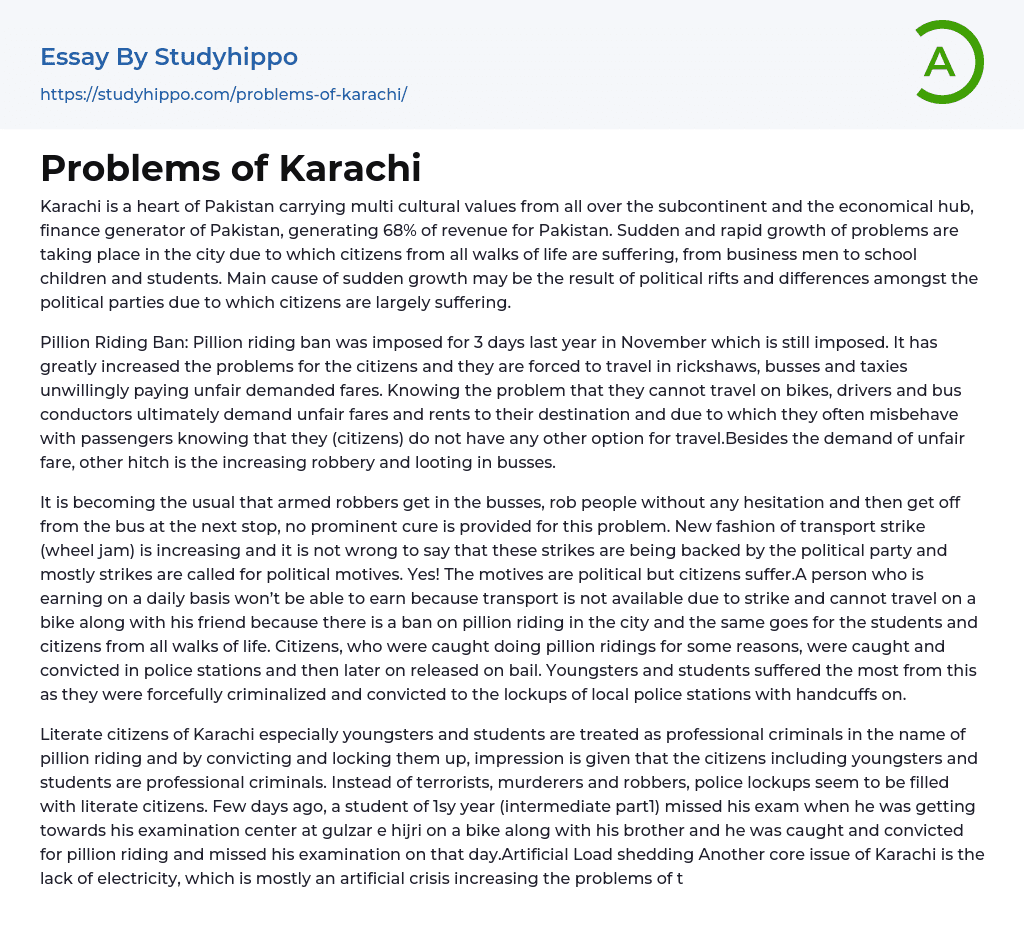 Problems of Karachi Essay Example
