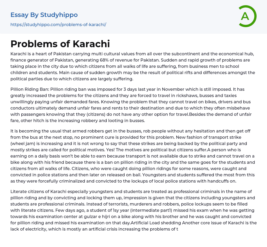 Problems Of Karachi Essay Example StudyHippo