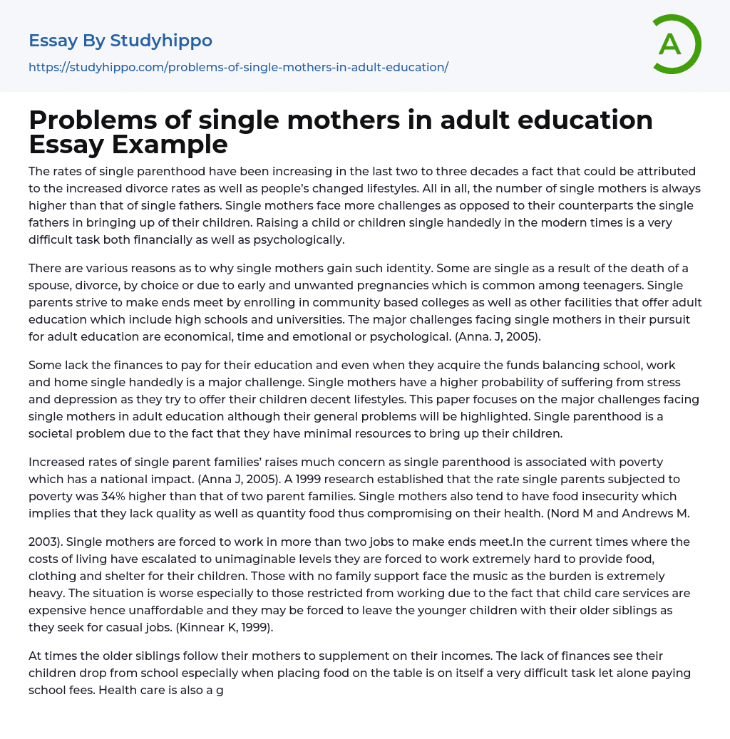 Problems of single mothers in adult education Essay Example