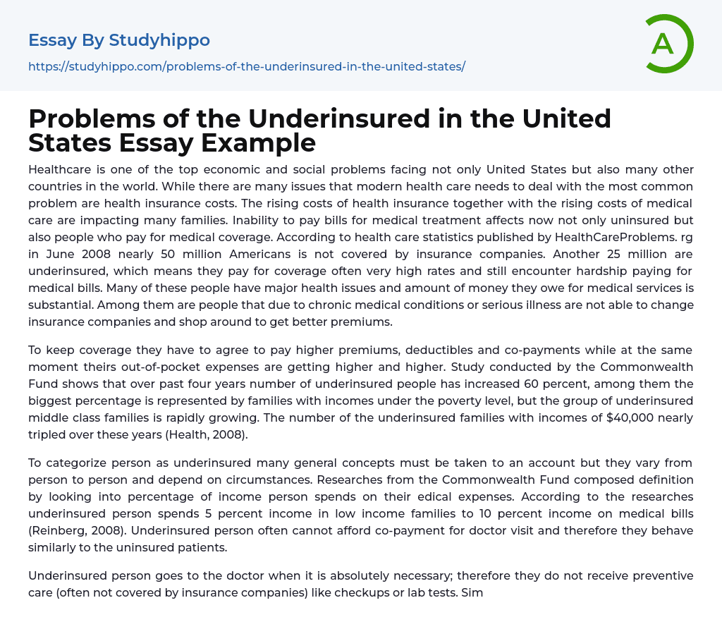 Problems of the Underinsured in the United States Essay Example