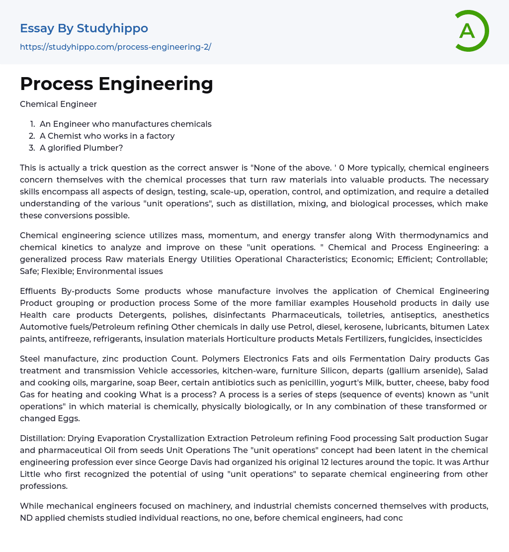 Process Engineering Essay Example