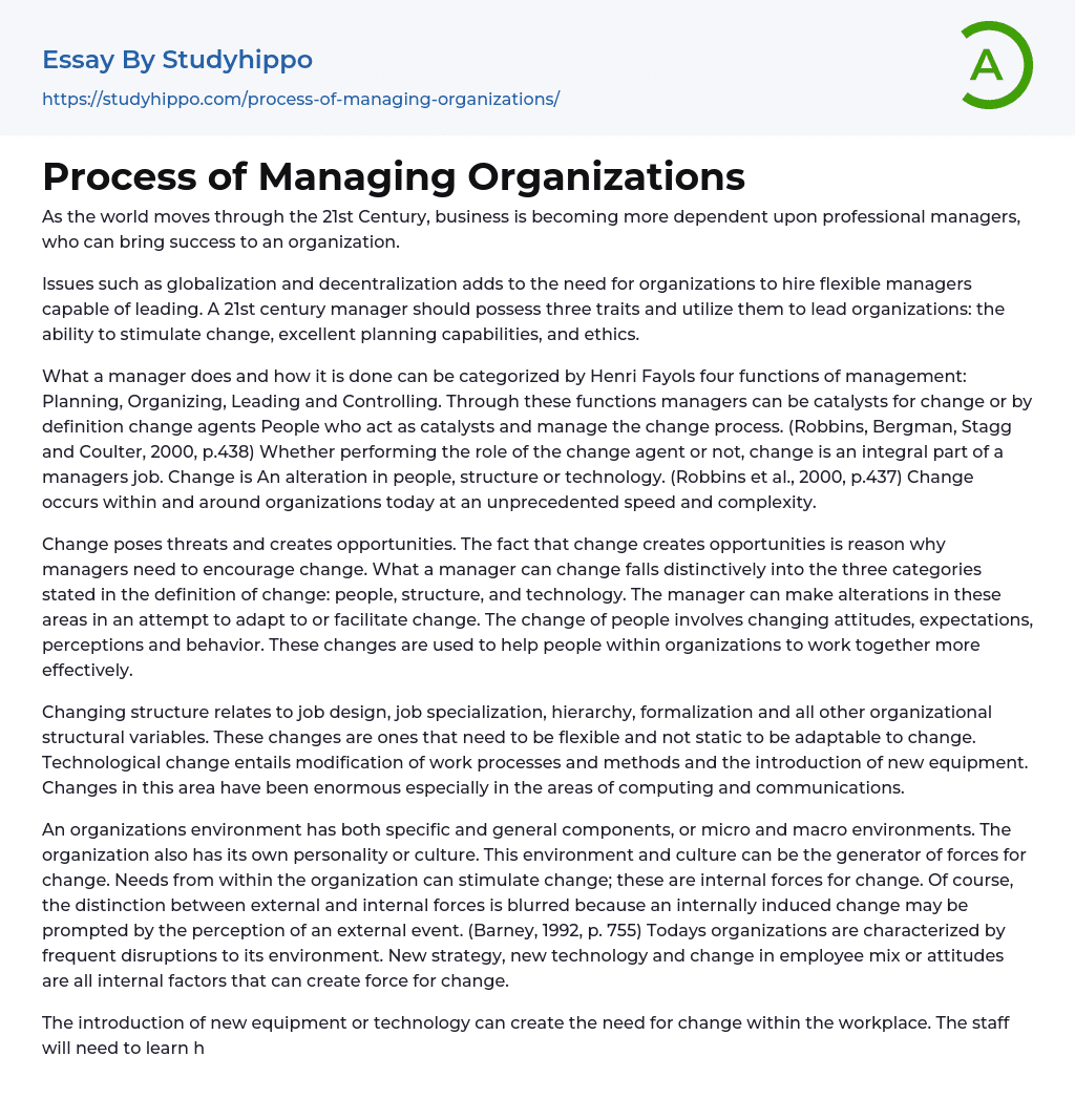 Process of Managing Organizations Essay Example
