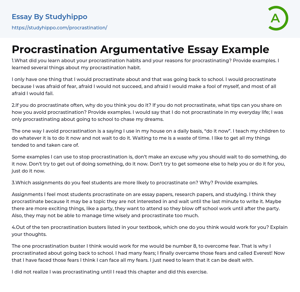 Procrastination Argumentative Essay Example