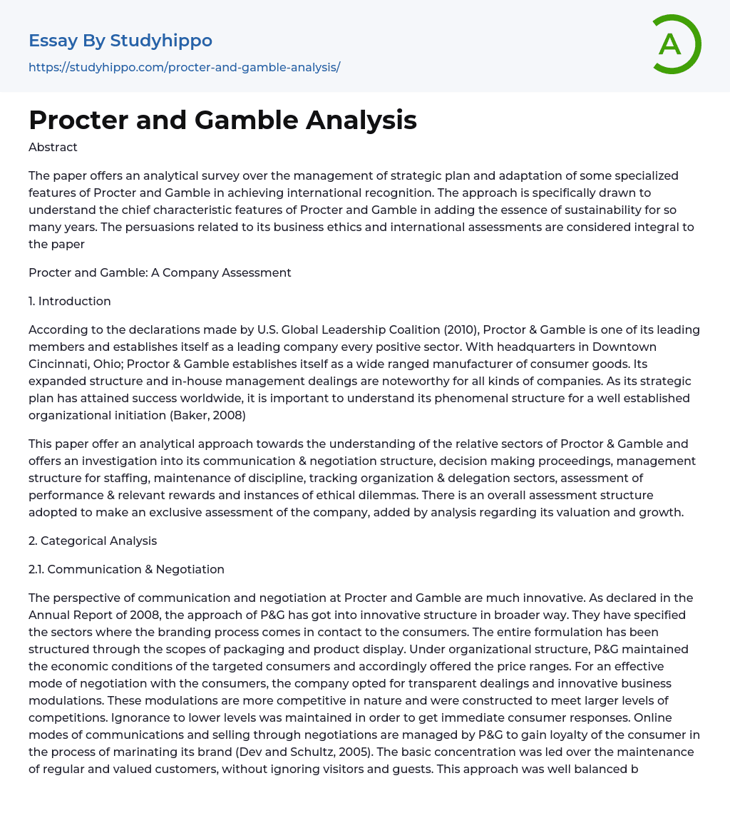 Procter and Gamble Analysis Essay Example
