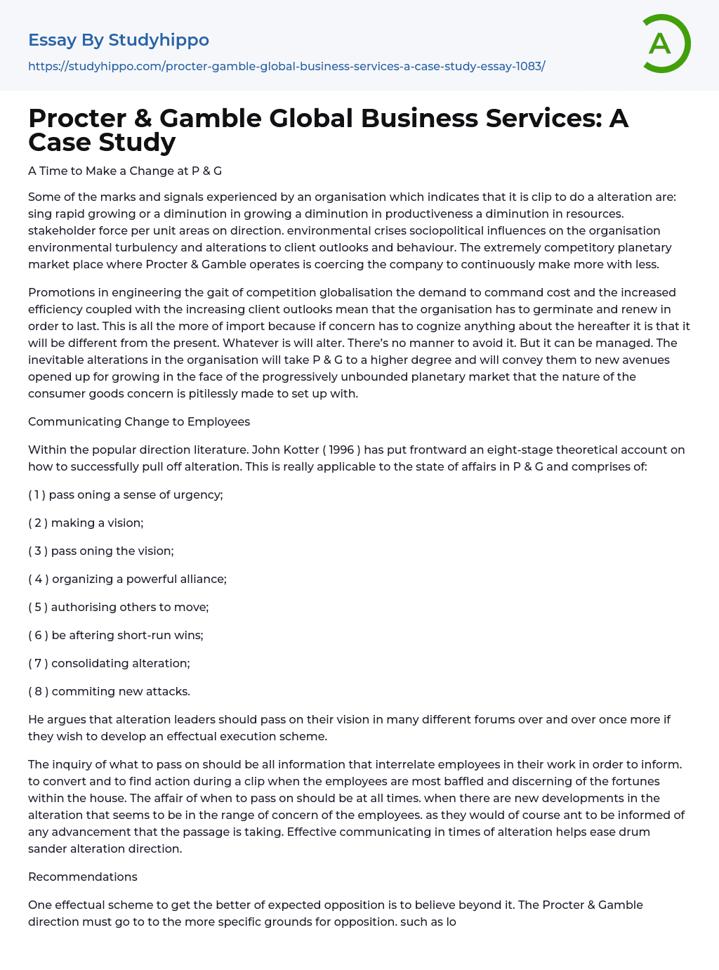 Procter & Gamble Global Business Services: A Case Study Essay Example