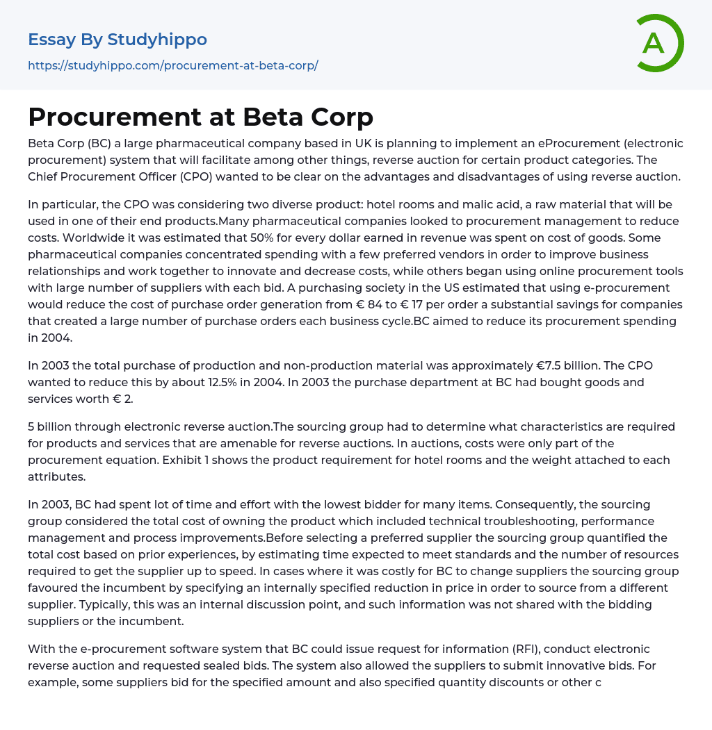 Procurement at Beta Corp Essay Example